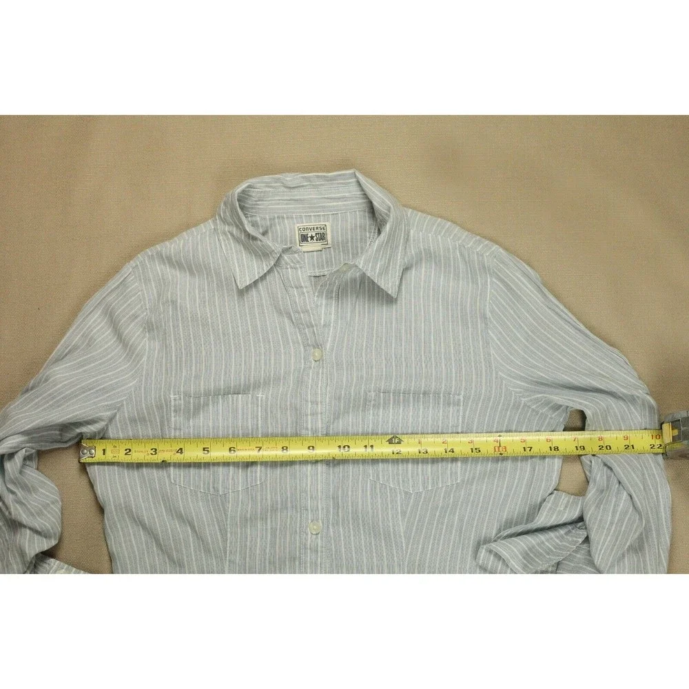 Converse One Star Sz S Women's Roll Tab Sleeve Cotton Shirt Top Blue Striped - Picture 8 of 9